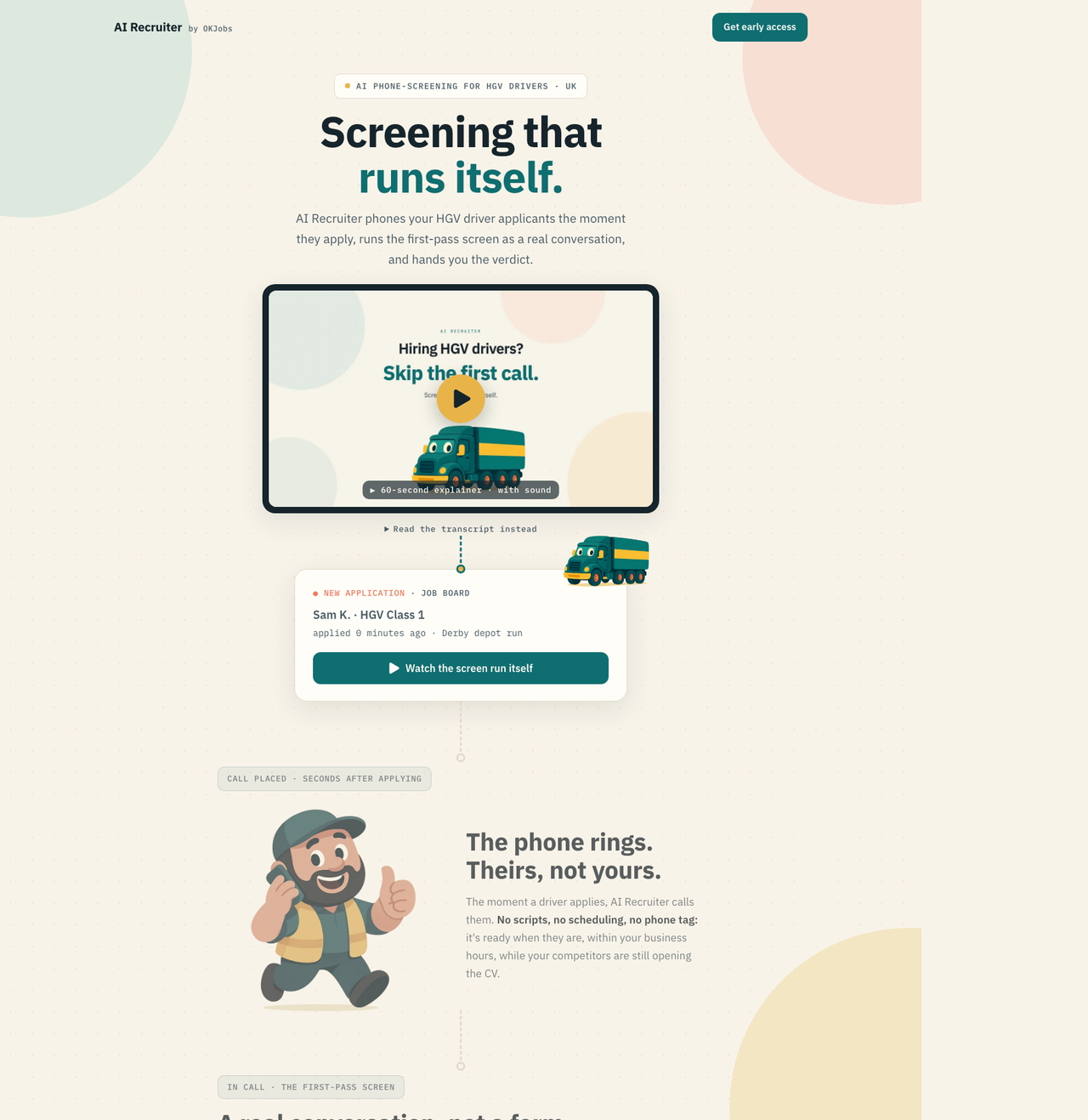 OKJobs landing page: hero for an AI recruiter that phone-screens HGV driver applicants, with waitlist signup